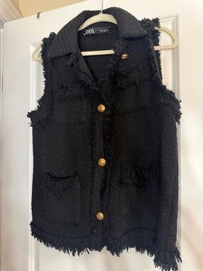 ZARA Black Tweed Fringed Vest with Gold Buttons